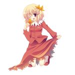  ;d aki_shizuha autumn_leaves bad_id bad_pixiv_id bangs blonde_hair collared_shirt dress_shirt full_body hair_ornament highres kneeling leaf leaf_hair_ornament long_sleeves maple_leaf one_eye_closed open_mouth red_eyes red_footwear red_shirt red_skirt shirt shoes short_hair skirt smile socks solo tokoringo touhou transparent_background white_collar 