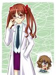  adjusting_eyewear bespectacled bra brown_eyes brown_hair chibi cosplay glasses hair_ribbon kiyama_harumi kiyama_harumi_(cosplay) kneeling labcoat lingerie multiple_girls necktie o_o pantyhose pencil_skirt piku ribbon shirai_kuroko skirt tears to_aru_kagaku_no_railgun to_aru_majutsu_no_index twintails underwear 