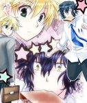  bag black_hair blonde_hair bread food formal gilbert_nightray green_eyes looking_back male_focus multiple_boys necktie oz_vessalius pandora_hearts parody pen school school_bag short_hair star student surprised teacher uniform yaoi yellow_eyes 