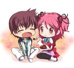  1girl asbel_lhant back_bow bad_id bad_pixiv_id blush bow brown_eyes brown_hair cheria_barnes chibi closed_eyes curry feeding food kurimomo pink_hair purple_skirt short_hair skirt smile spoon tales_of_(series) tales_of_graces twintails two_side_up 