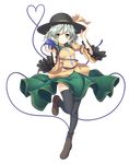  absurdres black_legwear boots cable closed_eyes embellished_costume frills full_body glowing green_eyes hand_on_headwear hat heart heart_of_string highres jacket kimitoshiin komeiji_koishi md5_mismatch short_hair silver_hair skirt smile solo standing standing_on_one_leg thighhighs third_eye touhou transparent_background wavy_hair wide_sleeves zettai_ryouiki 
