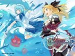  atelier_(series) battle blue_hair highres liliane_vehlendorf maid mana_khemia_(series) mana_khemia_2 multiple_girls official_art wallpaper weapon wuim_(mana_khemia) yoshizumi_kazuyuki 