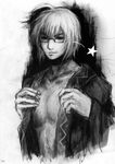  choker glasses greyscale highres kurinton male_focus mannosuke monochrome morichika_rinnosuke open_clothes open_shirt shirt solo star touhou undressing 