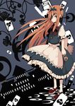  alice_in_wonderland bad_id bad_pixiv_id black_eyes bow brown_hair card card_background castle cup dress eyepatch falling_card floating_card fuurin_(omaemona) hairband long_hair mary_janes pantyhose shoes solo tea teacup 