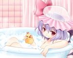  bat_wings bath bathtub bubble_bath irori lavender_hair red_eyes remilia_scarlet rubber_duck shampoo_hat short_hair solo tiles touhou wings 