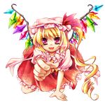  all_fours blonde_hair byakuya_yuu crystal flandre_scarlet hands hat long_hair outstretched_arm outstretched_hand reaching red_eyes side_ponytail solo touhou wings 