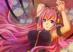  arms_behind_back arms_up bad_id bad_pixiv_id blue_eyes breasts long_hair medium_breasts megurine_luka pink_hair solo vocaloid yumigon 