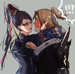  1boy 1girl amulet bad_id bad_pixiv_id bayonetta bayonetta_(character) black_eyes black_hair blue_eyes blush bodysuit brown_hair cleavage_cutout clenched_teeth couple elbow_gloves eye_contact glasses gloves hair_bun hair_ribbon hand_behind_head hand_on_shoulder hetero jacket lipstick long_hair looking_at_another luka_redgrave makeup mizore_syrup nervous ribbon scarf simple_background sweat teeth 