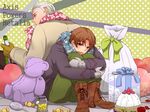  2boys ahoge alcohol axis_powers_hetalia blonde_hair boots brown_eyes brown_hair cake candy champagne coat flower food germany_(hetalia) gift gloves heart lollipop looking_at_viewer multiple_boys northern_italy_(hetalia) open_mouth present ribbon scarf stuffed_animal stuffed_toy sweets teddy_bear 