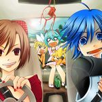  &gt;_&lt; 3girls agi_(kankarado) ahoge alternate_costume aqua_hair bag blonde_hair blue_eyes blue_hair brown_hair car car_interior casual closed_eyes constricted_pupils dream_catcher driving eyeshadow grin ground_vehicle hair_ornament hairclip hand_on_head hatsune_miku highres kagamine_len kagamine_rin kaito lens_flare long_hair makeup md5_mismatch meiko motor_vehicle multiple_boys multiple_girls nail_polish o_o omamori open_mouth outstretched_arms pointing red_eyes red_nails right-hand_drive scared short_hair smile spread_arms sun teardrop turn_pale twintails very_long_hair vocaloid 