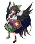 absurdres asymmetrical_clothes black_hair bow eyes full_body green_bow hair_bow hair_ribbon highres hirayama-h long_hair mismatched_footwear open_mouth red_eyes reiuji_utsuho ribbon smile solo touhou transparent_background wings 