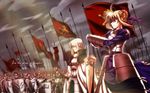  6+boys armor army artoria_pendragon_(all) banner bedivere fate/stay_night fate_(series) flag highres multiple_boys polearm saber shield skydrg soldier spear sword wallpaper war weapon 