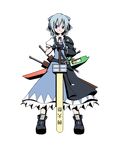  1girl absurdres advent_cirno bad_id bad_pixiv_id blue_eyes blue_hair cirno full_body gloves highres keroro popsicle_stick short_hair smile solo sword t_tsubasa touhou transparent_background weapon wings 