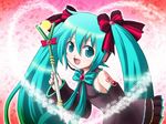  aqua_eyes aqua_hair bad_id bad_pixiv_id bow bowtie detached_sleeves ginko_(konekonoshippo) hair_bow hatsune_miku heart nail_polish solo spring_onion star twintails vocaloid wand 