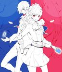  1girl blue blue_eyes bow card card_with_aura female_protagonist_(persona_3) floating_card gun headphones highres holding holding_card holding_hands kishiwada_robin persona persona_3 persona_3_portable red red_eyes school_uniform skirt smile socks weapon yuuki_makoto 