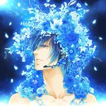  blue blue_eyes blue_flower blue_hair blue_rose flower hair_ornament headset kaito male_focus petals rose solo vocaloid yuuno_(yukioka) 