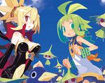 bare_shoulders blonde_hair bow breasts bright_pupils clenched_hands crossover day disgaea dress green_eyes harada_takehito jewelry makai_senki_disgaea_2 marona_(phantom_brave) medium_breasts multiple_girls necklace nippon_ichi official_art phantom_brave pointy_ears prinny putty_(phantom_brave) red_eyes rozalin sky sleeveless slit_pupils strapless strapless_dress yellow_bow 