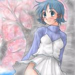  aqua_eyes blue_(ao_maru) blue_hair cherry_blossoms flower fushimi_yukari hair_ribbon lowres ribbon routes short_hair solo wind wind_lift 