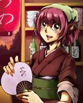  animal_ears bottle face fan fangs food_stand head_scarf japanese_clothes mystia_lorelei okamisty paper_fan pink_hair short_hair smile solo tasuki touhou tsukino uchiwa yatai 