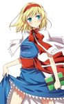  alice_margatroid blonde_hair book capelet dress dress_lift green_eyes hair_ribbon manle ribbon short_hair solo touhou white_capelet 