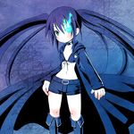  bad_id bad_pixiv_id belt bikini_top black_hair black_rock_shooter black_rock_shooter_(character) burning_eye coat front-tie_top long_hair midriff shorts solo star twintails yumigon 