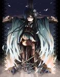  black_hair bone boots bound brown_eyes cross crucifixion dress fire hair_ornament knee_boots long_hair no_nose one_eye_closed original rope skeleton skull skull_hair_ornament solo thighhighs tied_up ume_(illegal_bible) zettai_ryouiki 