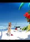  barefoot beach bikini boat chen day flower garnet hair_up hibiscus highres letterboxed multiple_girls no_hat no_headwear ocean outdoors outstretched_arms road_sign running sign sky spread_arms swimsuit tankini touhou water watercraft waving yakumo_yukari 