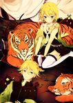  1girl bad_id bad_pixiv_id blonde_hair brother_and_sister earrings hair_ornament hairclip ham_(eikasiahhh) jewelry kagamine_len kagamine_rin kneeling lying short_hair siblings skirt smile thighhighs tiger twins vocaloid 