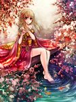  barefoot blonde_hair braid brown_eyes fairy_tail fish flower hair_flower hair_ornament highres japanese_clothes leonstar long_hair looking_at_viewer lucy_heartfilia outdoors solo water 