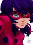  blue_eyes blue_hair bodysuit ceejles domino_mask highres ladybug_(character) looking_at_viewer magical_girl marinette_dupain-cheng mask medium_hair miraculous_ladybug polka_dot signature smile solo twintails upper_body 