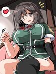  arm_warmers black_gloves black_legwear breasts brown_hair chikuma_(kantai_collection) clenched_hand gloves heart kantai_collection large_breasts long_hair looking_at_viewer no_panties open_mouth pelvic_curtain remodel_(kantai_collection) sitting skirt smile solo spoken_heart thighhighs tsuzuri_(tuzuri) 