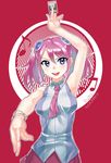  :d armpits beamed_eighth_notes blue_eyes blue_hair bracelet card chu_kai_man eighth_note highres hiiragi_yuzu honest jewelry musical_note necktie open_mouth pink_hair red_background short_twintails smile solo twintails yuu-gi-ou yuu-gi-ou_arc-v 