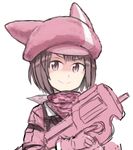  &gt;:) animal_hat artist_name bullpup ergot gun hat llenn_(sao) looking_at_viewer p90 pink scarf shaded_face simple_background sketch smile solo submachine_gun sword_art_online sword_art_online_alternative:_gun_gale_online trigger_discipline uniform upper_body v-shaped_eyebrows weapon white_background 