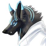  ambiguous_gender anthro black_nose bust_portrait canine clothed clothing cyan_eyes fangs looking_up low_res mammal no_sclera portrait rchetype side_view simple_background snout solo stripes techno unknown_artist white_background wolf 