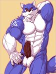  2016 5_fingers :3 anthro blue_fur bulge canine folf fox fur harness hybrid inner_ear_fluff istani looking_at_viewer male mammal muscular muscular_male must navel nik nude penis presenting simple_background smile solo white_fur wolf 