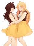  ahoge arms_around_waist black_hair blake_belladonna blonde_hair blush bow commentary_request hair_bow looking_at_viewer looking_to_the_side moonexplorers multiple_girls purple_eyes rwby skirt yang_xiao_long yellow_eyes yellow_skirt yuri 