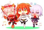  :d animal_ears armor bad_id bad_pixiv_id bell bell_collar belt blush bow chibi closed_eyes collar detached_sleeves eru_(948143) fang fate/grand_order fate_(series) fox_ears fujimaru_ritsuka_(female) gloves hair_bow japanese_clothes kimono leash mash_kyrielight multiple_girls open_mouth pantyhose parody paw_gloves paws pink_hair ponytail riyo_(lyomsnpmp)_(style) side_ponytail smile style_parody tamamo_(fate)_(all) tamamo_cat_(fate) thighhighs zettai_ryouiki 