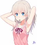  adjusting_hair armpits blue_eyes charlotte_(anime) kenkaizar long_hair looking_at_viewer mouth_hold pink_hair ribbon solo tank_top tomori_nao tying_hair white_background 