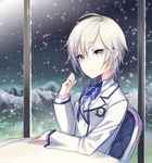  anastasia_(idolmaster) blue_eyes chair h2so4 idolmaster idolmaster_cinderella_girls mountain school_uniform short_hair silver_hair snow solo table uniform window 