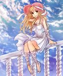  blonde_hair brown_eyes day dress fairy_tail hat highres leonstar long_hair looking_at_viewer lucy_heartfilia outdoors ribbon smile solo sundress white_background white_ribbon 