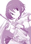  belt bleedman cape commentary gloves magical_girl mahou_shoujo_madoka_magica midriff miki_sayaka monochrome short_hair simple_background skirt smile solo soul_gem sword weapon 