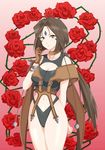  aa_megami-sama bracelet breasts brown_eyes brown_hair earrings facial_mark flower forehead_mark jewelry long_hair medium_breasts peorth ponytail red_background rose shizufa solo thorns very_long_hair 