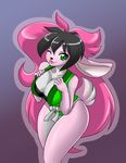  anthro bangs big_breasts big_ears black_hair black_nose breasts cleavage clothed clothing female floppy_ears fur green_eyes hair huge_breasts lagomorph long_ears long_hair mammal multicolored_fur multicolored_hair nekonny one_eye_closed pink_fur pink_hair rabbit rascals reiko_usagi smile solo thick_thighs tongue tongue_out two_tone_fur two_tone_hair white_fur wide_hips wink 
