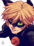 1boy adrien_agreste bell blonde_hair ceejles chat_noir close-up fangs green_eyes green_sclera highres looking_at_viewer male_focus miraculous_ladybug signature smile solo white_background 