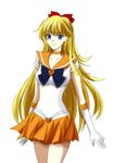  aino_minako bad_id bad_pixiv_id bishoujo_senshi_sailor_moon blonde_hair blue_eyes choker commentary_request elbow_gloves gloves hair_ribbon highres long_hair orange_choker orange_sailor_collar orange_skirt pleated_skirt red_ribbon ribbon sailor_collar sailor_senshi_uniform sailor_venus simple_background skirt smile solo uniform white_background white_gloves yuki_(pixiv1716766) 