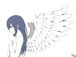  arute_arisu blue_hair covering covering_breasts fairy_tail highres long_hair nude simple_background solo wendy_marvell white_background wings 