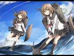  ahoge anchor anchor_symbol bad_id bad_pixiv_id black_legwear blue_sky brown_eyes brown_hair cannon cloud commentary_request day fang folded_ponytail hair_between_eyes highres holding ikazuchi_(kantai_collection) inazuma_(kantai_collection) kantai_collection leg_up loafers long_hair long_sleeves machinery miyabino_(miyabi1616) multiple_girls neckerchief ocean open_mouth outdoors pleated_skirt school_uniform serafuku shoes short_hair skirt sky smokestack socks standing standing_on_one_leg torpedo turret uniform water 