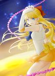  aino_minako bishoujo_senshi_sailor_moon blonde_hair blue_eyes cr_kira_cr earrings elbow_gloves gloves hair_ribbon highres jewelry long_hair looking_at_viewer magical_girl open_mouth orange_sailor_collar pleated_skirt red_ribbon ribbon sailor_collar sailor_senshi_uniform sailor_venus skirt solo uniform venus_love_me_chain white_gloves yellow_skirt 