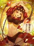  arms_up blonde_hair breasts chain countdown hood long_hair medium_breasts midriff odin_sphere purple_eyes shigatake solo sweatdrop thighhighs vanillaware velvet_(odin_sphere) weapon 