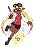  1girl bike_shorts blonde_hair boots cross-laced_footwear dark_skin domino_mask fangs goggles goggles_on_head highres inkling lace-up_boots letterman_jacket mask n-zap_&#039;85_(splatoon) n-zap_'85_(splatoon) sidelocks simple_background smile splatoon squid thick_thighs thighs white_background yellow_kirby 